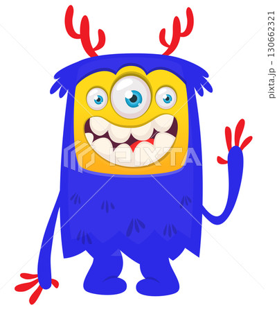 Cartoon cute monster yeti bigfoot with funny excited face expression waving hands 130662321