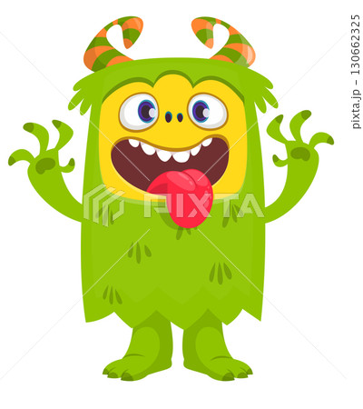 Cartoon happy monster with long tongue sticking out of the mouth. Vector illustration isolated on white. For Halloween party or package design. 130662325