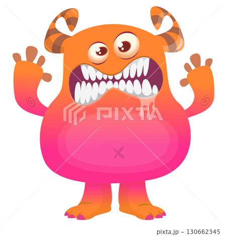 Cartoon cute monster with funny excited face expression waving hands . Vector illustration isolated on white. Halloween design Cartoon cute monster with funny excited face expression waving hands . Vector illustration isolated on white. Halloween design 130662345