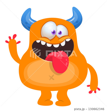 Cartoon cute monster with funny excited face expression waving hands . Vector illustration isolated on white. Halloween design Cartoon cute monster with funny excited face expression waving hands . Vector illustration isolated on white. Halloween design 130662346