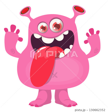 Cartoon happy monster with long tongue sticking out of the mouth. Vector illustration isolated on white. For Halloween party or package design. 130662352
