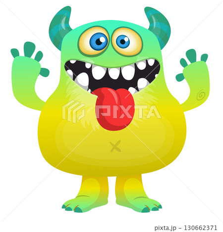 Funny cartoon monster character design showing long tongue. Illustration of cute and happy creature design for Halloween party decoration or package design 130662371