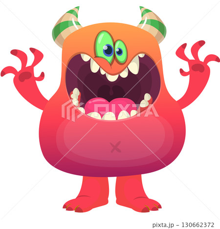 Cartoon cute monster with funny excited face expression waving hands . Vector illustration isolated on white. Halloween design 130662372