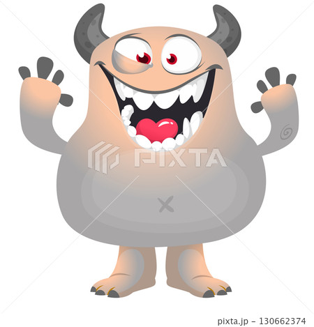 Cartoon cute monster with funny excited face expression waving hands . Vector illustration isolated on white. Halloween design Cartoon cute monster with funny excited face expression waving hands . Vector illustration isolated on white. Halloween design 130662374