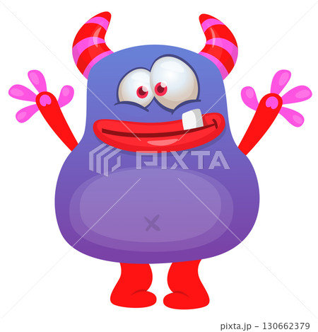 Cartoon cute monster with funny excited face expression waving hands . Vector illustration isolated on white. Halloween design 130662379