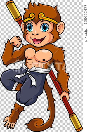 Cartoon Monkey King Poses With Staff 130662477