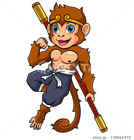 Cartoon Monkey King Poses With Staff Cartoon Monkey King Poses With Staff 130662478