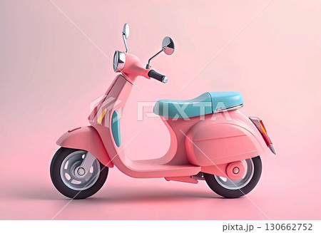 a 3D illustration of a pink color motor scooter toy with a light blue seat, at a pink background 130662752