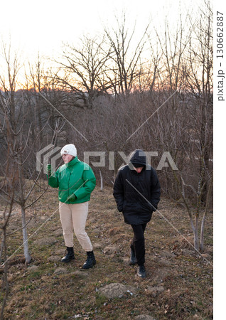 Exploring a serene orchard as daylight fades, two friends enjoy a winter walk among the bare trees while engaging in meaningful conversation Exploring a serene orchard as daylight fades, two friends enjoy a winter walk among the bare trees while engaging in meaningful conversation 130662887