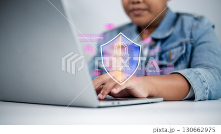 Businessman hand typing on laptop with cyber security shield and data protection concept Businessman hand typing on laptop with cyber security shield and data protection concept 130662975
