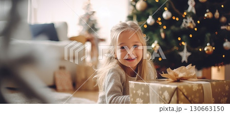 5 years old blonde girl child getting xmas gift present christmas tree, ai 5 years old blonde girl child getting xmas gift present christmas tree, ai 130663150