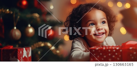 5 years old girl child getting xmas gift present christmas tree, ai 130663165
