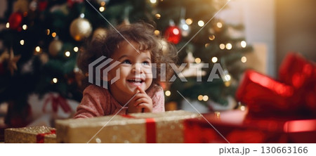 5 years old girl child getting xmas gift present christmas tree, ai 130663166