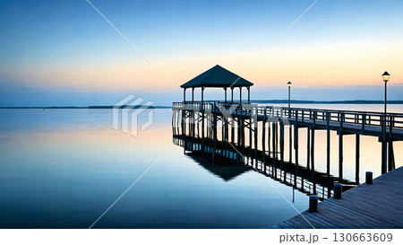 湖畔の桟橋と夕暮れの空、静寂な水辺の風景 130663609