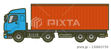 真横の青いトレーラー（コンテナを牽引している状態）のイラスト 130663730