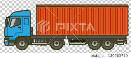 真横の青いトレーラー（コンテナを牽引している状態）のイラスト 130663730