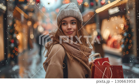 Smiling young woman with shopping bags walking on snowy Christmas street with holiday lights Smiling young woman with shopping bags walking on snowy Christmas street with holiday lights 130663958