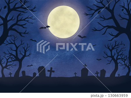 ハロウィンの満月の夜の墓場水彩画 ハロウィンの満月の夜の墓場水彩画 130663959