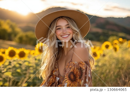 Teenage girl with wide brimmed hat smiling in sunflower field at golden hour 130664065