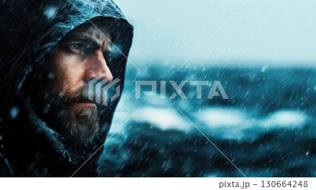 Bearded mature caucasian male in hooded raincoat staring into stormy sea Bearded mature caucasian male in hooded raincoat staring into stormy sea 130664248