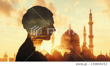 Silhouette of person over sunset mosque skyline, spiritual reflection 130664252