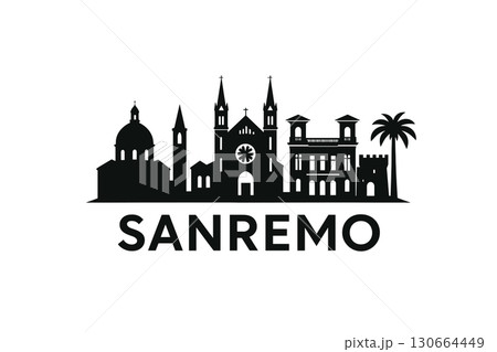 Sanremo skyline with theatre, cathedral, casino and Mediterranean coastline 130664449