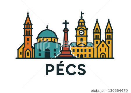 P?cs city skyline with iconic buildings and landmarks 130664479