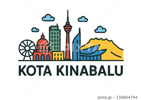 Kota Kinabalu city skyline with iconic buildings and landmarks 130664744