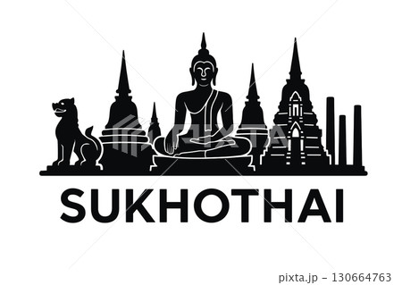 Sukhothai city skyline with iconic buildings and landmarks 130664763
