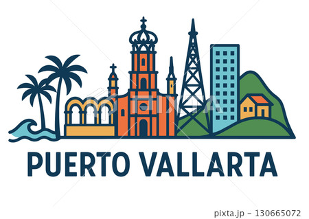 Puerto Vallarta city skyline with iconic buildings and landmarks 130665072