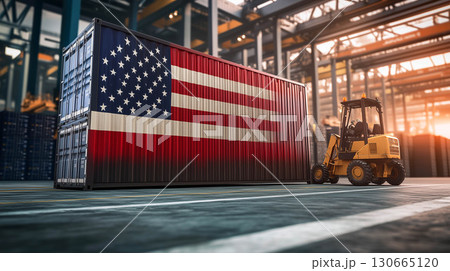 USA flag container cargo in warehouse, export logistic. USA flag container cargo in warehouse, export logistic. 130665120