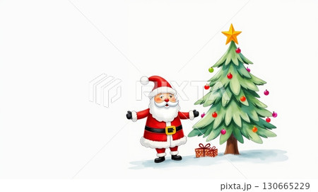 Cheerful Santa Claus beside a decorated Christmas tree with gifts, cartoon style, on a white background, concept of festive holiday celebration Copy place 130665229