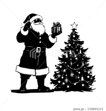 Santa Claus holding a present beside a decorated Christmas tree, black silhouette style on white background, concept of festive holiday cheer 130665231