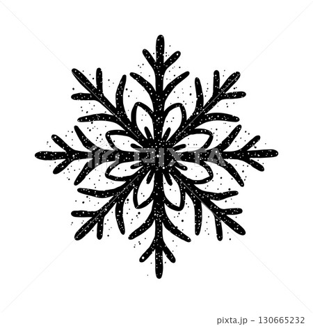 Black hand-drawn Christmas snowflake with grunge texture, ink style, centered on white background. Concept of winter, holiday, and seasonal decoration 130665232