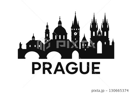 Prague skyline with Charles Bridge and Gothic towers silhouette 130665374