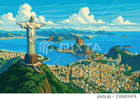 Rio de Janeiro skyline with Christ the Redeemer and coastal landscape 130665474