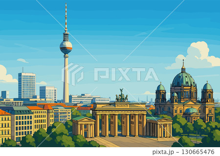 Berlin cityscape with TV Tower, Brandenburg Gate, and modern architecture 130665476