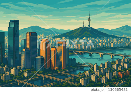 Seoul skyline with Namsan Tower, Han River, and surrounding mountains 130665481