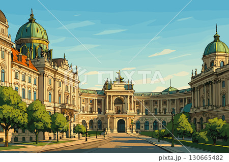 Vienna cityscape with Hofburg Palace, historic buildings and tree-lined streets 130665482