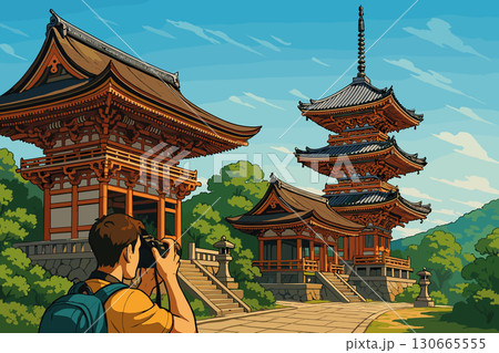 Man taking photos of historical temples in Kyoto, Japan Man taking photos of historical temples in Kyoto, Japan 130665555
