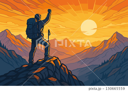 Hiker reaching mountain summit at sunrise with breathtaking scenic view 130665559