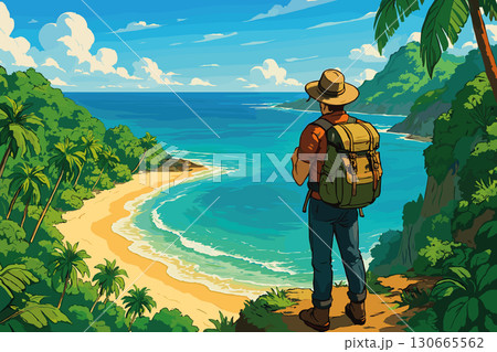 Traveler standing on cliffside, overlooking scenic tropical beach below Traveler standing on cliffside, overlooking scenic tropical beach below 130665562