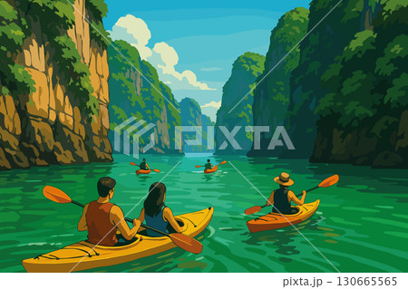 People kayaking through emerald green waters near limestone cliffs 130665565