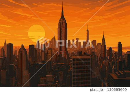 New York City skyline at sunset with Empire State and Hudson River view 130665600