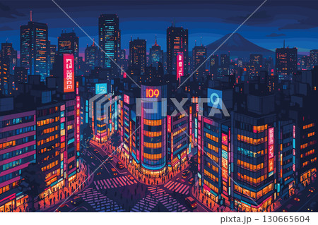 Vibrant night skyline of Tokyo with neon lights and Mount Fuji visible 130665604