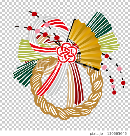 Retro hand-drawn Japanese-style illustration of New Year's decorations and fans | New Year's, Shimenawa, fan, plum, decoration, New Year's card 130665646