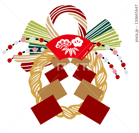 レトロな手描きのしめ飾りと扇の和風イラスト素材｜正月,しめ縄,扇,梅,飾り,年賀状 130665647