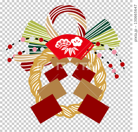レトロな手描きのしめ飾りと扇の和風イラスト素材｜正月,しめ縄,扇,梅,飾り,年賀状 130665647