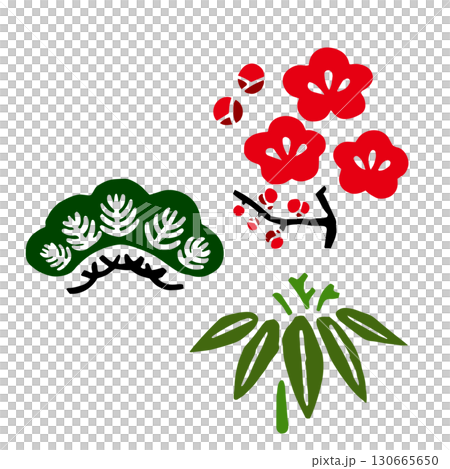 一幅簡單的手繪日式圖案插圖，描繪了新年吉祥的象徵：松、竹、梅。松、竹、梅、日式、新年 130665650