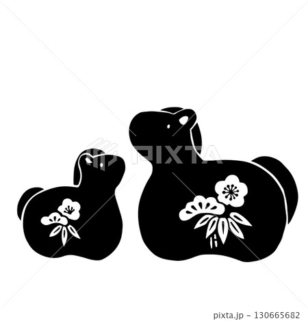 レトロな手描きの馬の張子の和風イラスト素材｜張子,馬,午年,縁起物,年賀状 130665682